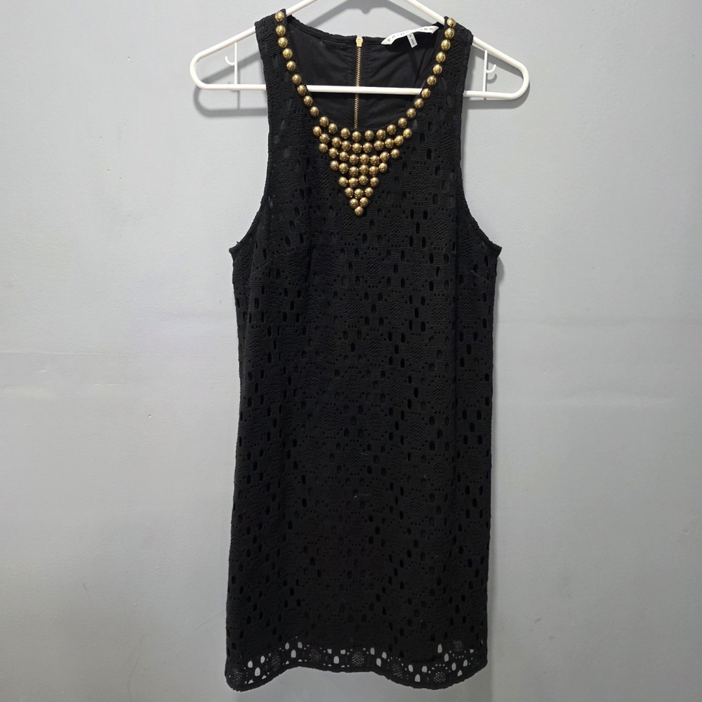 Trina Turk Dress Size 6 Black Sleeveless Gold Bead Crochet Overlay Avalon